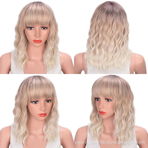 Vigorous Wavy Short Bob with Air Bangs Shoulder Length Curly  Synthetic Cosplay Ombre Blonde Bob Wig for Girl